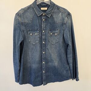 All Saints Men's Denim Long Sleeve Shirt Pearl Snap Raw Hem Large